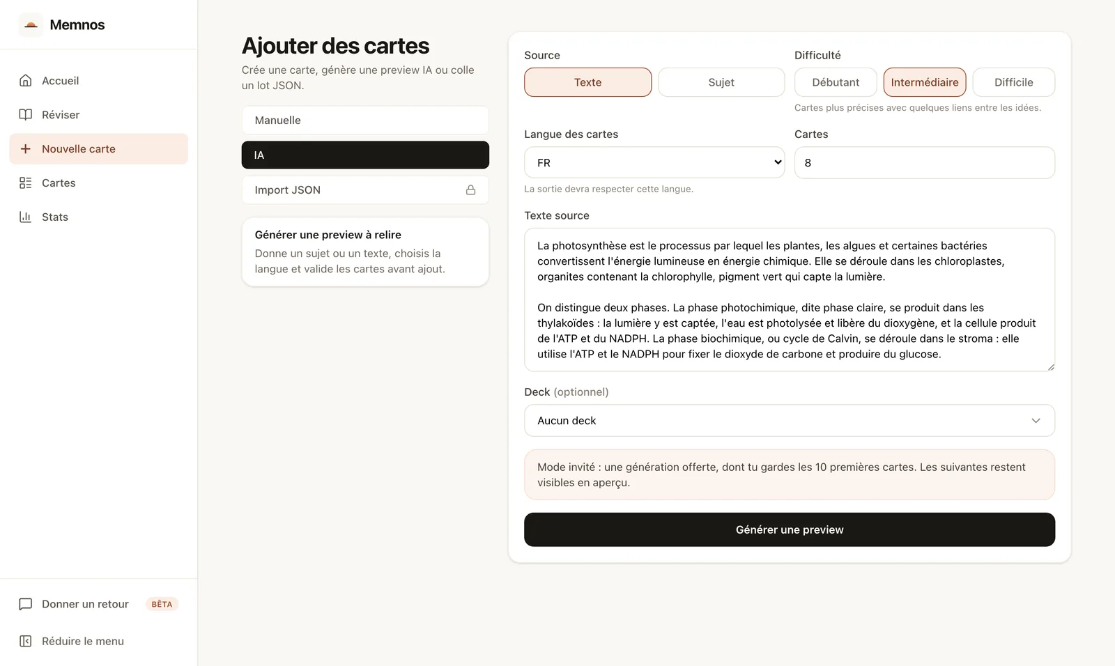 L’écran d’ajout de cartes : trois sources au choix, manuelle, IA ou import JSON, et pour la génération, le texte source collé, la langue, le niveau de difficulté et le nombre de cartes à produire.
